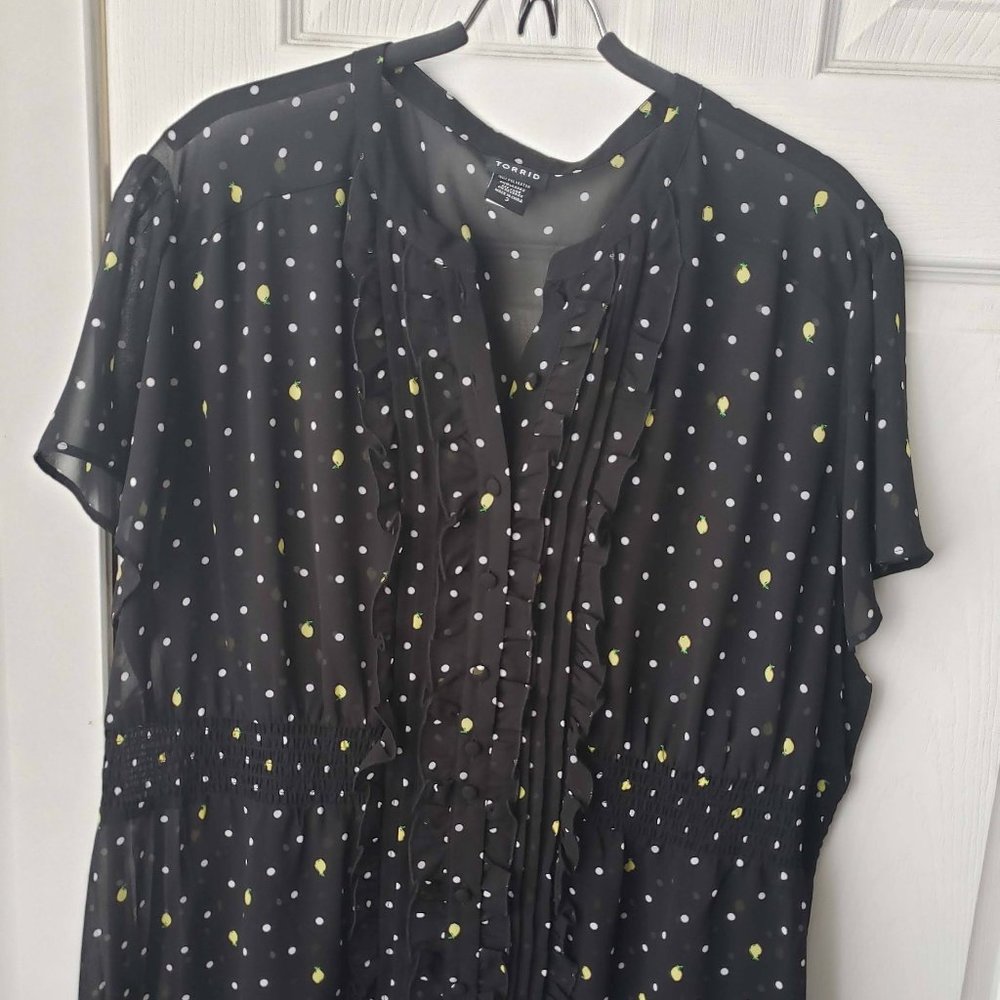 Black with lemon print, short sleeve, sheer, chiffon, button-up blouse